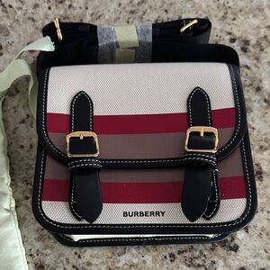 Burberry Red, Brown, Cream & Black Striped Crossbody Bag
